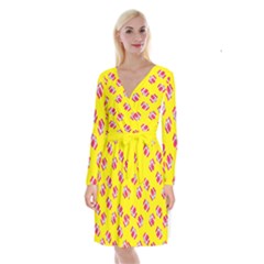 Pink Gift Boxes Yellow Long Sleeve Velvet Front Wrap Dress by FunDressesShop