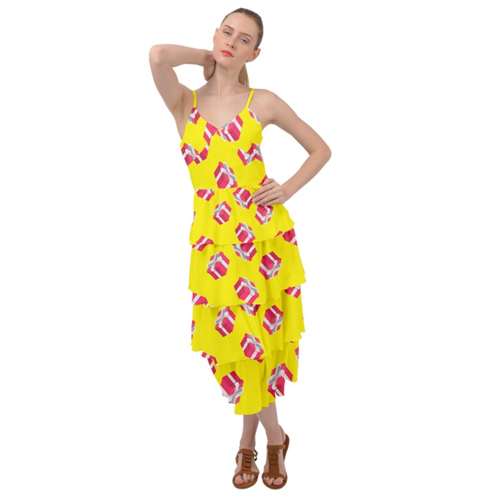 Pink Gift Boxes Yellow Layered Bottom Dress