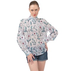 Flowers Pattern High Neck Long Sleeve Chiffon Top