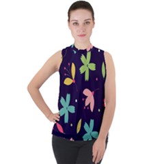 Colorful Floral Mock Neck Chiffon Sleeveless Top by hanggaravicky2