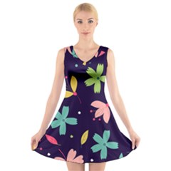 Colorful Floral V-neck Sleeveless Dress by hanggaravicky2