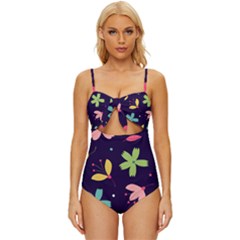 Colorful Floral Knot Front One-piece Swimsuit