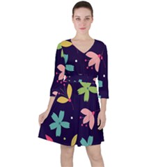 Colorful Floral Quarter Sleeve Ruffle Waist Dress