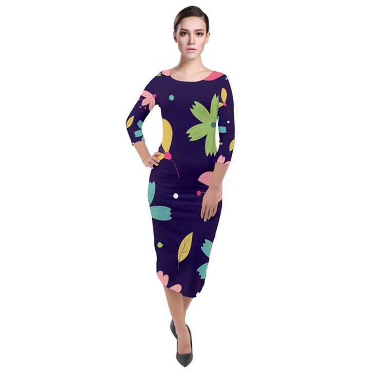 Colorful Floral Quarter Sleeve Midi Velour Bodycon Dress