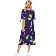 Colorful Floral Bow Sleeve Chiffon Midi Dress