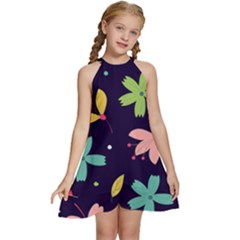 Colorful Floral Kids  Halter Collar Waist Tie Chiffon Dress