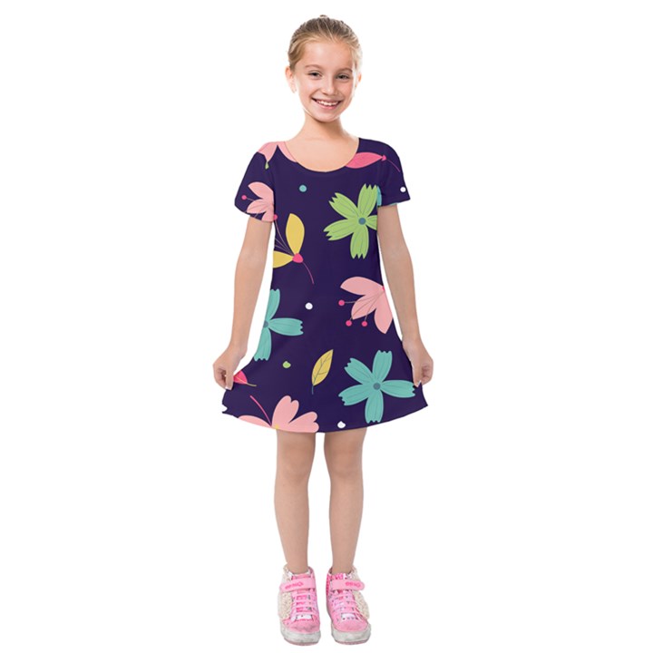 Colorful Floral Kids  Short Sleeve Velvet Dress