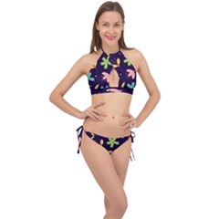 Colorful Floral Cross Front Halter Bikini Set