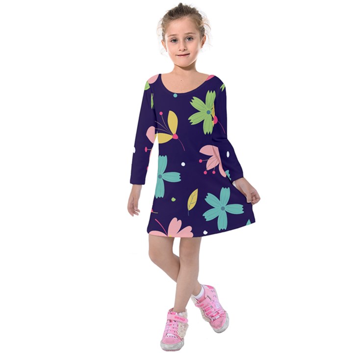 Colorful Floral Kids  Long Sleeve Velvet Dress