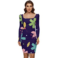 Colorful Floral Women Long Sleeve Ruched Stretch Jersey Dress