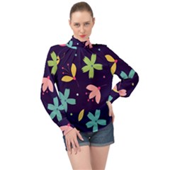 Colorful Floral High Neck Long Sleeve Chiffon Top by hanggaravicky2