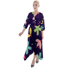 Colorful Floral Quarter Sleeve Wrap Front Maxi Dress