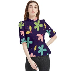 Colorful Floral Frill Neck Blouse