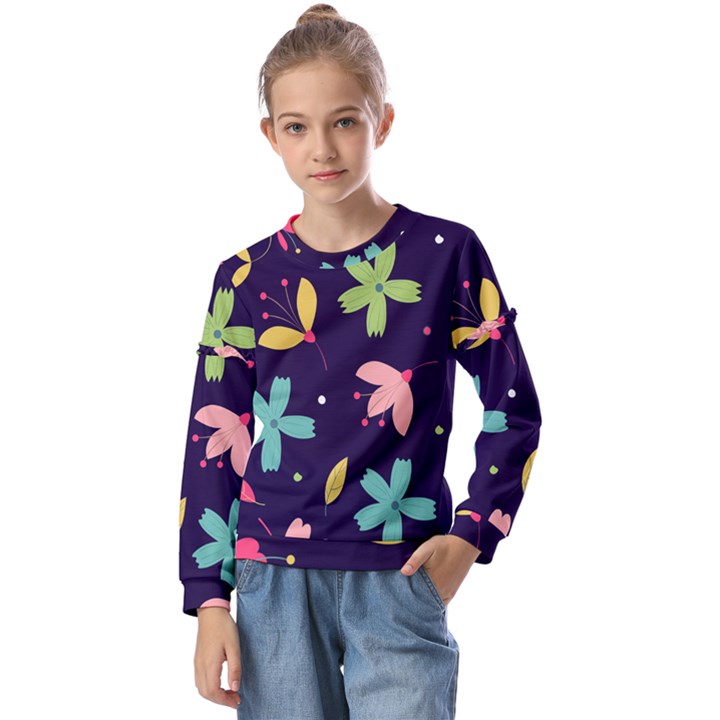 Colorful Floral Kids  Long Sleeve Tee with Frill 