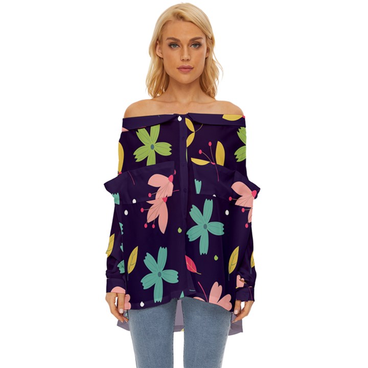 Colorful Floral Off Shoulder Chiffon Pocket Shirt