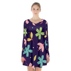 Colorful Floral Long Sleeve Velvet V-neck Dress