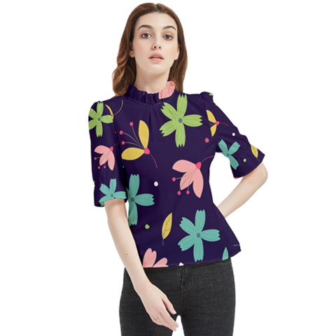 Colorful Floral Frill Neck Blouse by hanggaravicky2