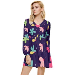 Colorful Floral Tiered Long Sleeve Mini Dress