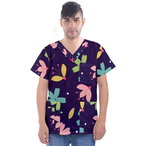 Colorful Floral Men s V-neck Scrub Top by hanggaravicky2