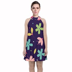 Colorful Floral Velvet Halter Neckline Dress 