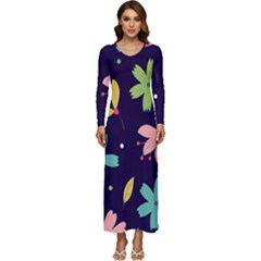 Colorful Floral Long Sleeve Velour Longline Maxi Dress