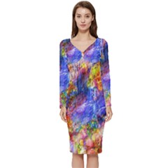 Abstract Colorful Artwork Art Long Sleeve V-neck Bodycon Dress 