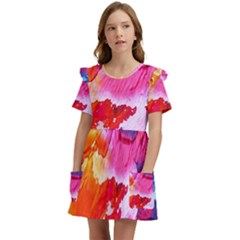 Colorful Painting Kids  Frilly Sleeves Pocket Dress