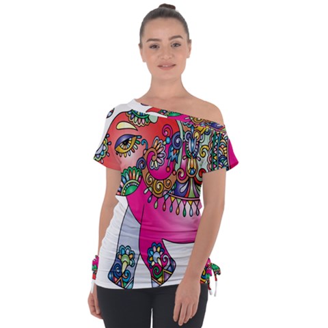 Decorative Elephant Off Shoulder Tie-up Tee by artworkshop