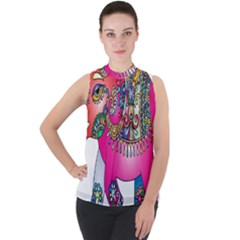 Decorative Elephant Mock Neck Chiffon Sleeveless Top by artworkshop