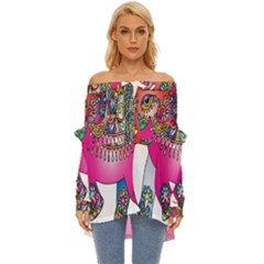 Decorative Elephant Off Shoulder Chiffon Pocket Shirt