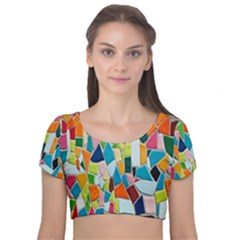 Mosaic Tiles Velvet Short Sleeve Crop Top  by artworkshop