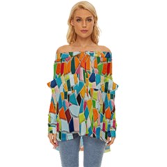 Mosaic Tiles Off Shoulder Chiffon Pocket Shirt