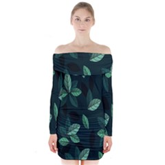 Plant Leaves Long Sleeve Off Shoulder Dress by artworkshop