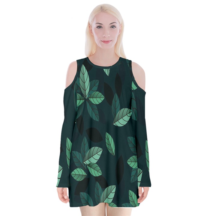 Plant Leaves Velvet Long Sleeve Shoulder Cutout Dress