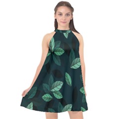 Plant Leaves Halter Neckline Chiffon Dress  by artworkshop