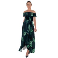 Plant Leaves Off Shoulder Open Front Chiffon Dress by artworkshop