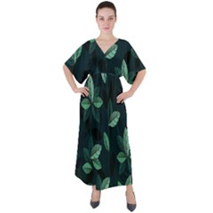 Plant Leaves V-neck Boho Style Maxi Dress by artworkshop