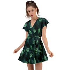 Plant Leaves Flutter Sleeve Wrap Dress by artworkshop