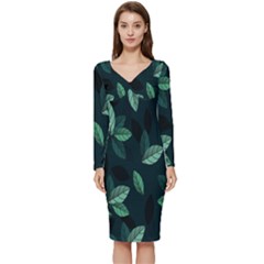 Plant Leaves Long Sleeve V-neck Bodycon Dress 