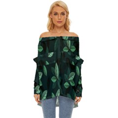 Plant Leaves Off Shoulder Chiffon Pocket Shirt