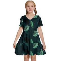 Plant Leaves Kids  Short Sleeve Tiered Mini Dress