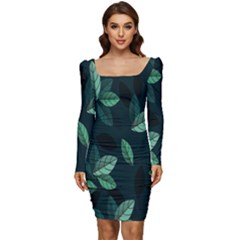 Plant Leaves Women Long Sleeve Ruched Stretch Jersey Dress