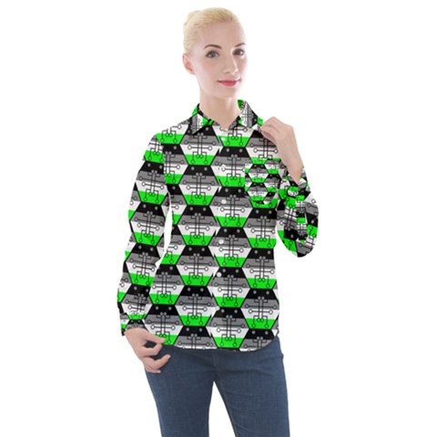 Hackers Town Void Mantis Hexagon Agender Agender Info Pride Flag Women s Long Sleeve Pocket Shirt by WetdryvacsLair