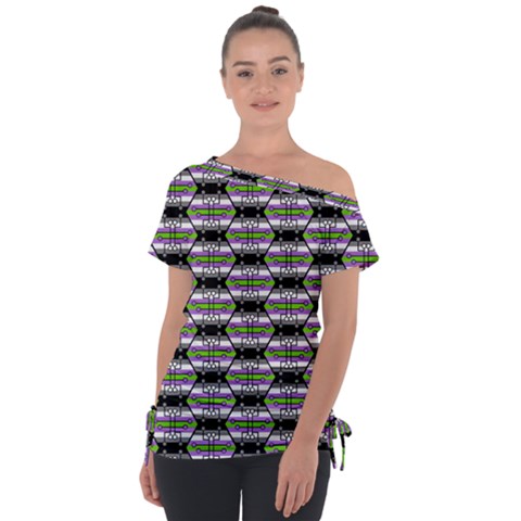 Hackers Town Void Mantis Hexagon Agender Nine 9 Stripe Pride Flag Off Shoulder Tie-up Tee by WetdryvacsLair