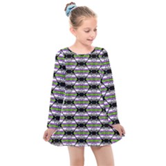 Hackers Town Void Mantis Hexagon Agender Nine 9 Stripe Pride Flag Kids  Long Sleeve Dress by WetdryvacsLair