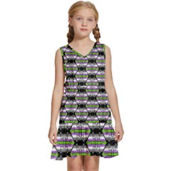 Hackers Town Void Mantis Hexagon Agender Nine 9 Stripe Pride Flag Kids  Sleeveless Tiered Mini Dress