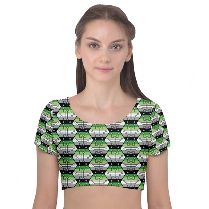 Hackers Town Void Mantis Hexagon Aromantic Pride Flag Velvet Short Sleeve Crop Top 