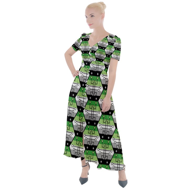 Hackers Town Void Mantis Hexagon Aromantic Pride Flag Button Up Short Sleeve Maxi Dress