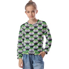 Hackers Town Void Mantis Hexagon Aromantic Pride Flag Kids  Long Sleeve Tee With Frill 