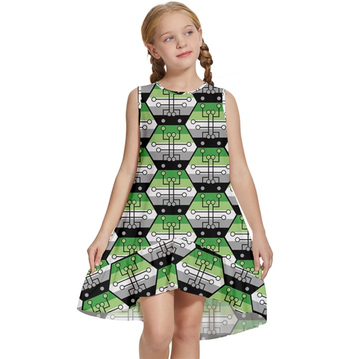 Hackers Town Void Mantis Hexagon Aromantic Pride Flag Kids  Frill Swing Dress